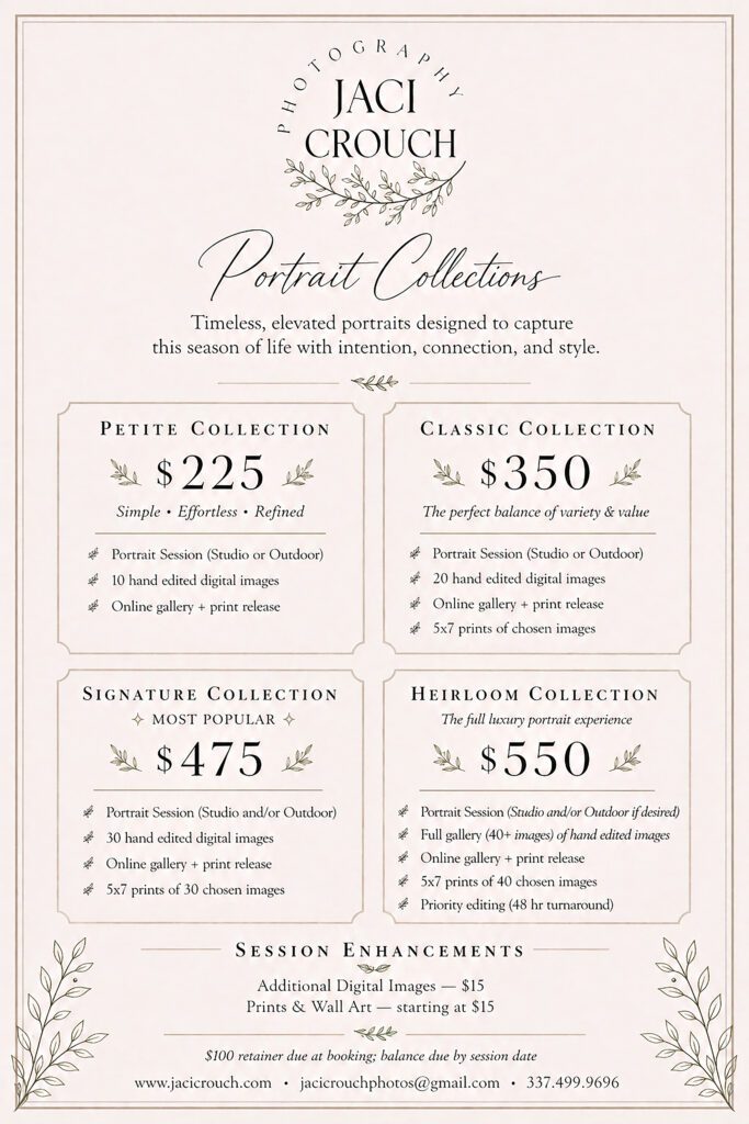 Explore portrait collections from Jaci Crouch Photography, offering timeless family, maternity, milestone, children's, and senior photography throughout DeRidder, Lake Charles, Shreveport, and Southwest Louisiana.